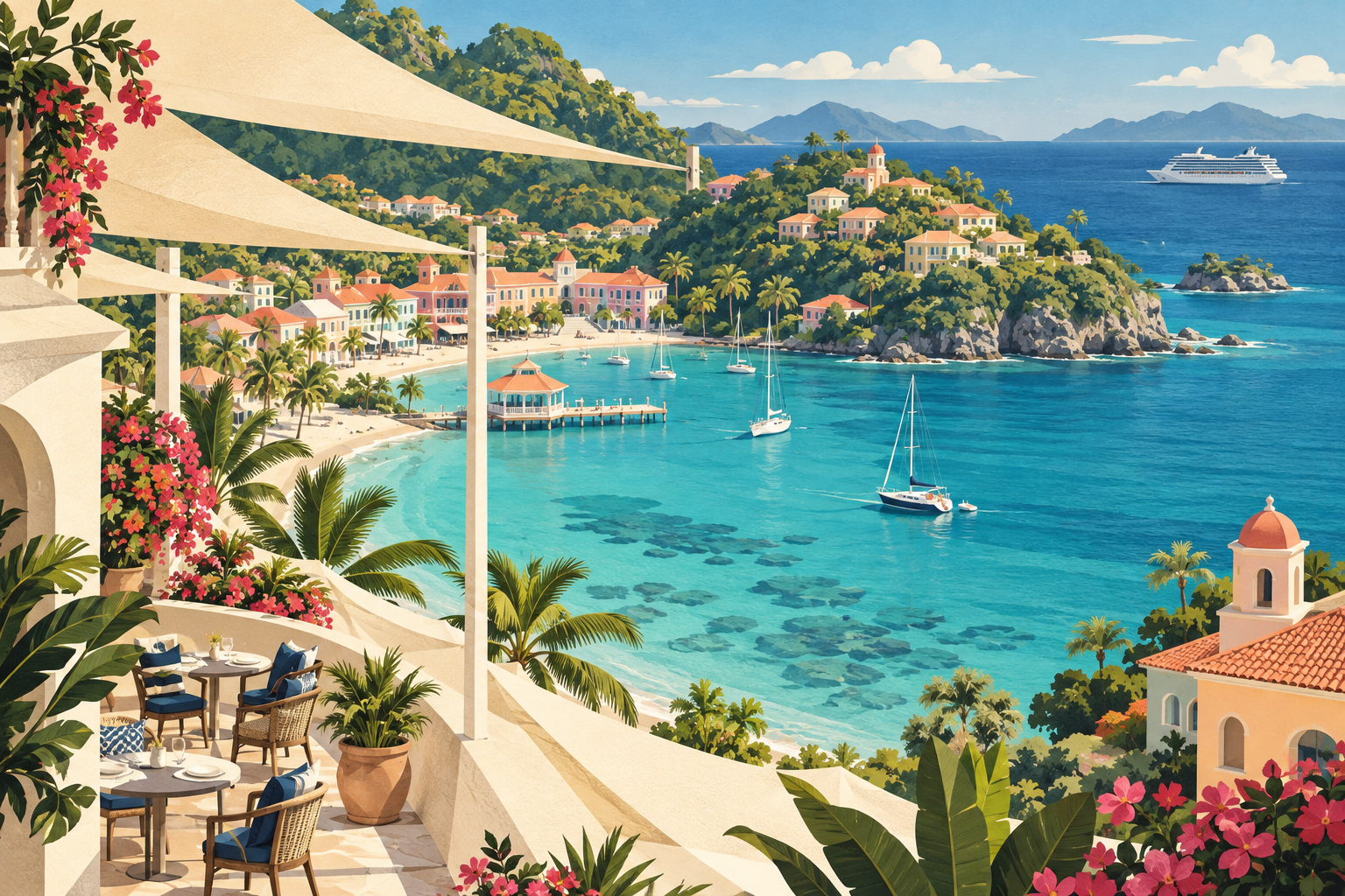 Original illustration of an imagined Caribbean cove with colorful buildings and a cruise ship offshore